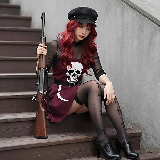 Young Woman with Rifle in Gothic Outfit