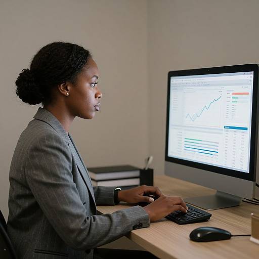 Photograph of an African woman in a gray blazer, sitting at a desk, focused on a computer screen displaying financial data.