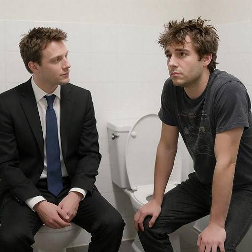 Two Men Talking in Bathroom