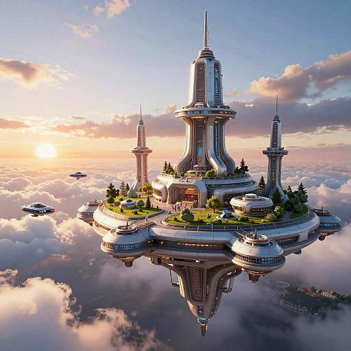 Futuristic Airborne City at Sunset
