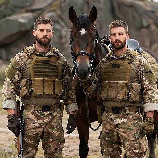 Serious Soldiers with Dark Horse in Camouflage
