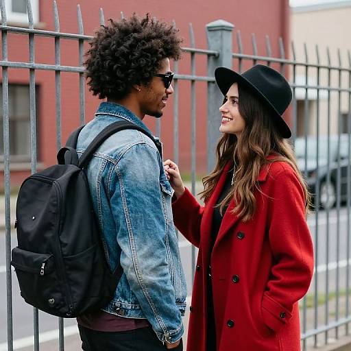 Photograph of a curly-haired man in denim jacket and black backpack, smiling at a woman in red coat and black hat, standing by a metal fence