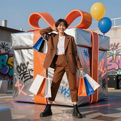 Androgynous fashion model shopping outdoors