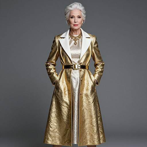 Photograph of an elderly woman with white hair, wearing a gold and white, textured, long coat with white collar, black belt, and gold necklace