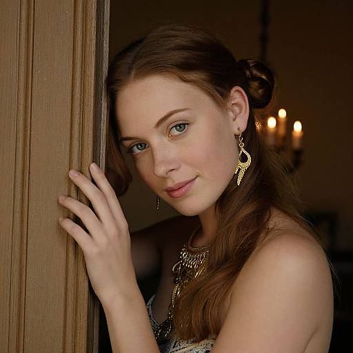 Photograph of a fair-skinned, brown-haired woman with blue eyes, wearing gold earrings and necklace, leaning against a wooden door, softly smiling,