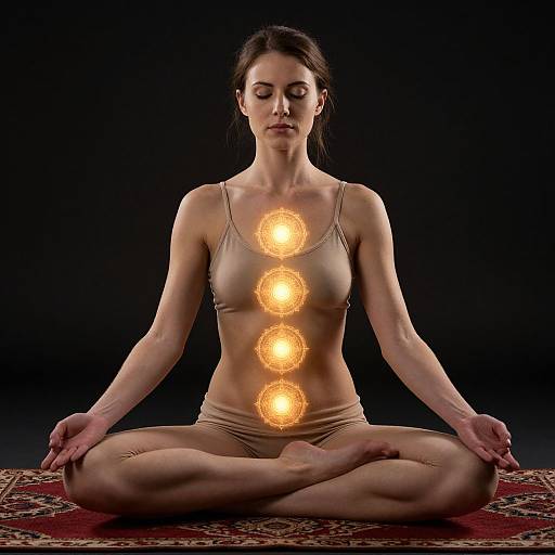 Photograph of a fair-skinned woman with dark hair, meditating in lotus position, wearing beige lingerie, with three glowing chakras on