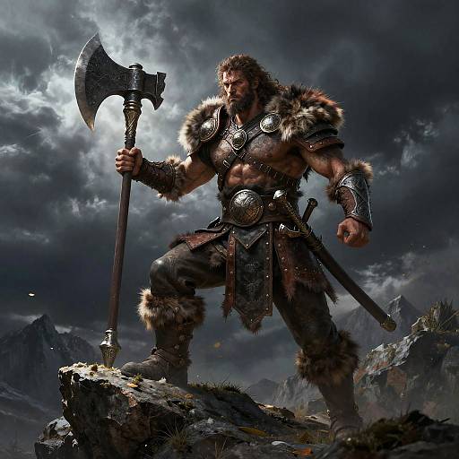 Muscular, bearded warrior with fur-trimmed armor and large axe stands on rocky mountain under stormy sky, dramatic lighting. Fantasy CGI.
