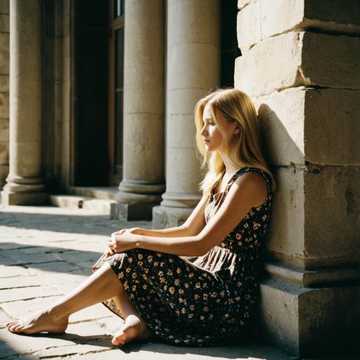 Young Woman in Floral Dress Sitting by Stone Pillar