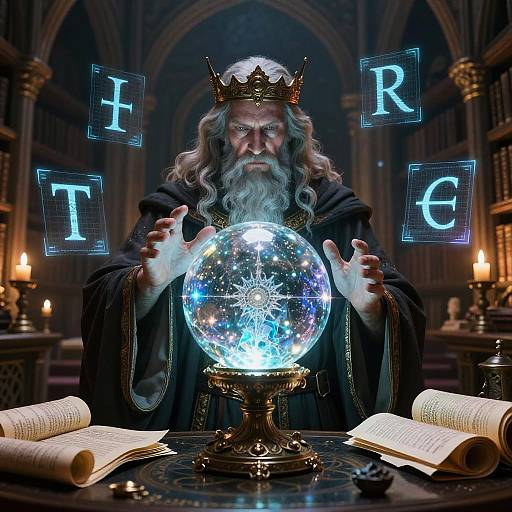 Photograph-style digital artwork of a bearded, crowned wizard with glowing 