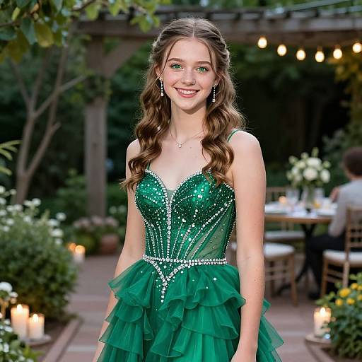 Photograph of a smiling young woman with long brown hair, wearing a sparkling green, tiered, strapless dress, standing outdoors in a garden at