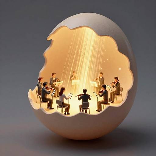 Photograph of a hollow, egg-shaped sculpture with an illuminated interior, featuring seven miniature musicians playing instruments, surrounded by radiant light beams.