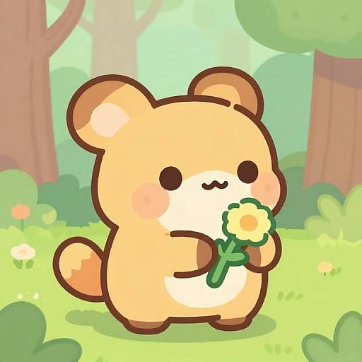 Cute, chibi-style digital drawing of a beige, round, bear-like character with small black eyes, holding a yellow flower in a sunny forest