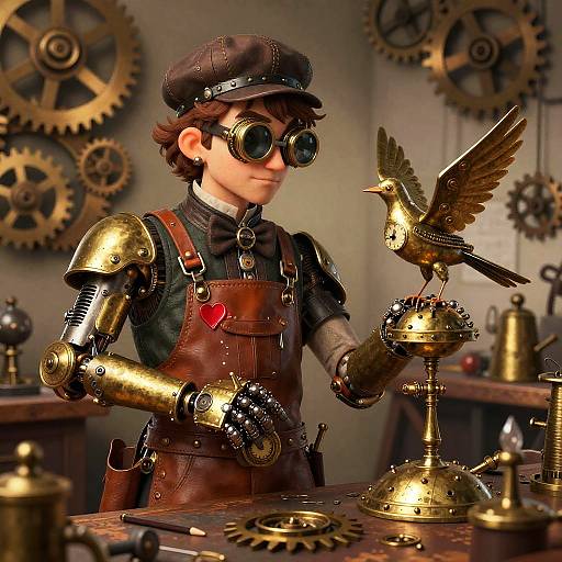 Steampunk Inventor with Clockwork Bird