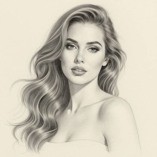 Black-and-white digital drawing of a beautiful woman with long, wavy hair, soft expression, and bare shoulders, looking directly at the viewer.