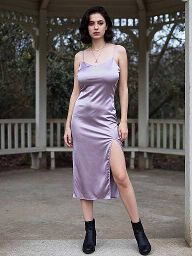 Photograph of a pale-skinned woman with short black hair, wearing a silky lavender dress with a thigh-high slit, black ankle boots, and standing