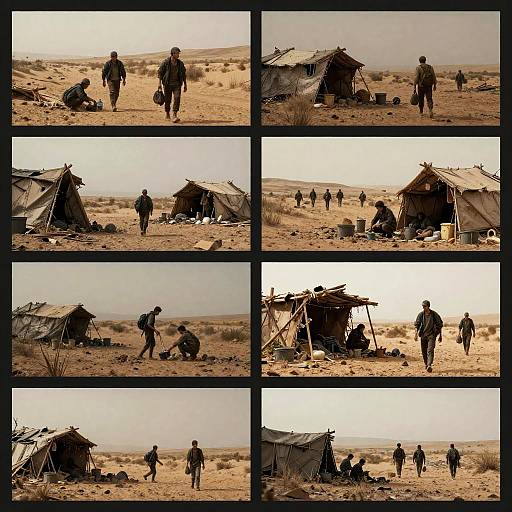 Photographic collage: six images of people in desert, walking, near rustic tents and shelters, under bright, clear sky, in arid landscape.