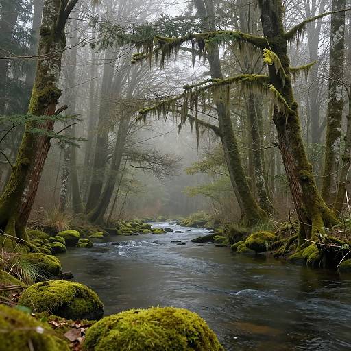 Serene Misty Forest with Calming River