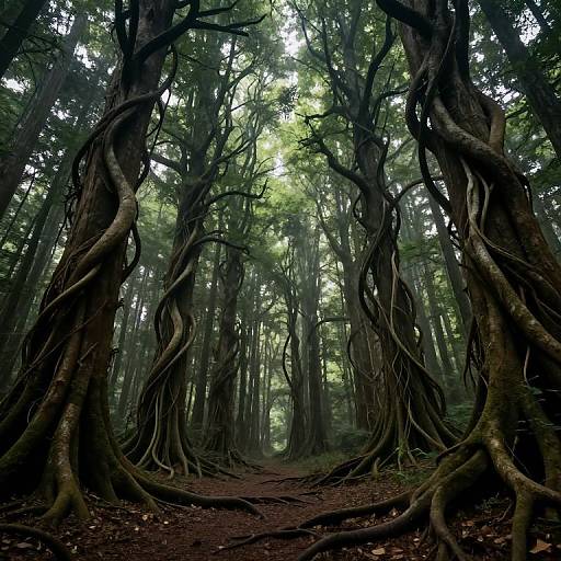 Photograph of a dense forest with tall, twisted trees with thick, gnarled roots, covered in dark brown bark, and bright green foliage overhead