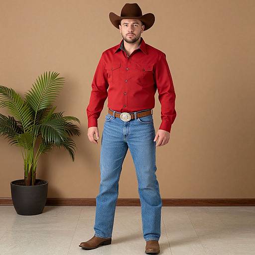 Photograph of a bearded man in a red shirt, blue jeans, brown belt with silver buckle, brown cowboy hat, standing in front of a
