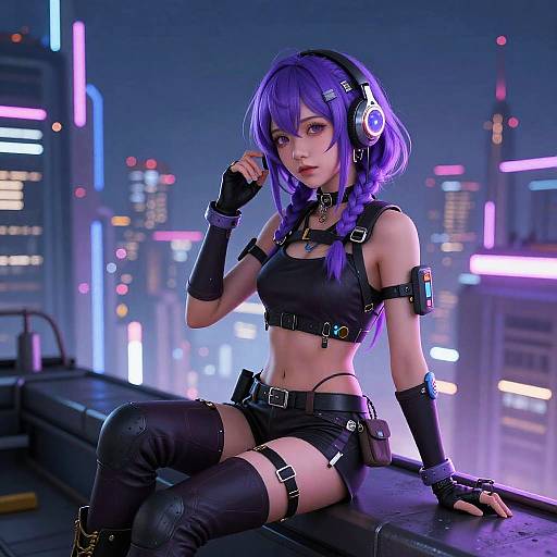 Digital anime-style photograph of a purple-haired girl in black leather cyberpunk outfit, headphones, city lights background, sitting on ledge.