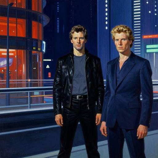 Photograph of two handsome men standing in a neon-lit urban night scene; one in a black leather jacket, the other in a navy suit,