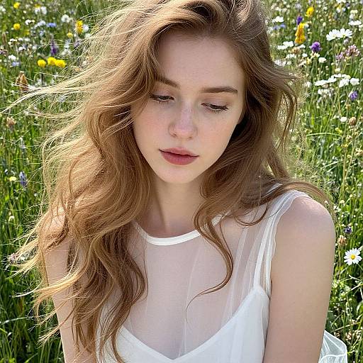 Photograph of a young woman with long, wavy brown hair, fair skin, and light freckles, wearing a sheer white dress, standing