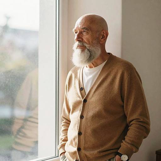 Elderly Man Standing by Window in Tan Cardigan