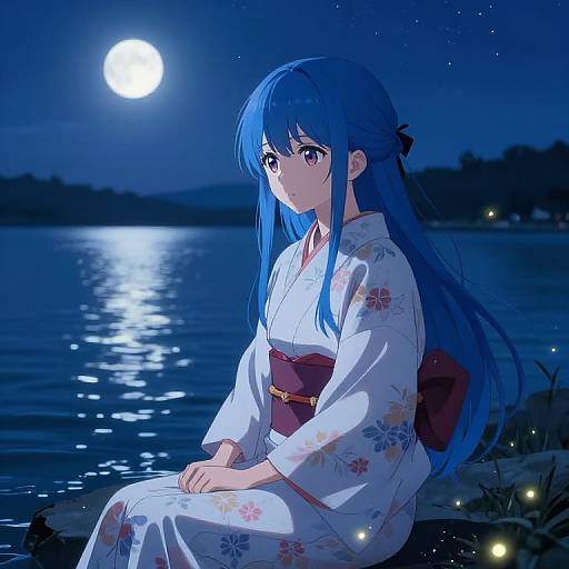 Anime-style digital artwork of a blue-haired girl in a white floral kimono sitting by a moonlit lake, with glowing fireflies.