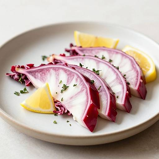 Photograph of sliced, purple-red radishes with white centers, garnished with fresh green herbs, and lemon wedges on a white plate.