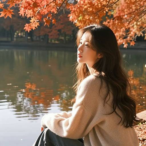 Tranquil Autumn Girl by Lake