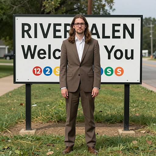 Man in Brown Suit at Riverdale Sign