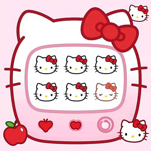 Digital drawing of a Hello Kitty-shaped candy box with six Hello Kitty faces, red bows, apples, and pink background.