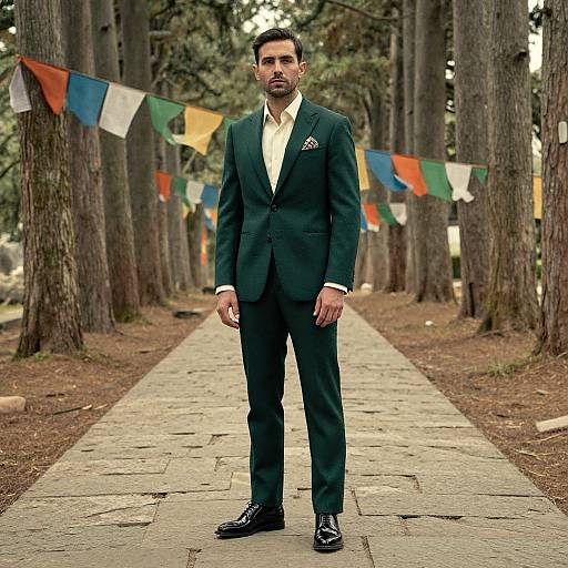 Photograph of a bearded man in a dark green suit, white shirt, and black shoes, standing on a forest path with colorful flags.