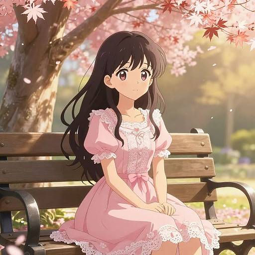 Anime-style drawing of a young girl with long black hair, pink lace dress, sitting on a wooden bench under blooming cherry trees.