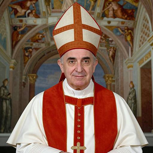 Photograph of a middle-aged Catholic cardinal in white and red papal vestments, mitre, and pectoral cross, standing in an orn