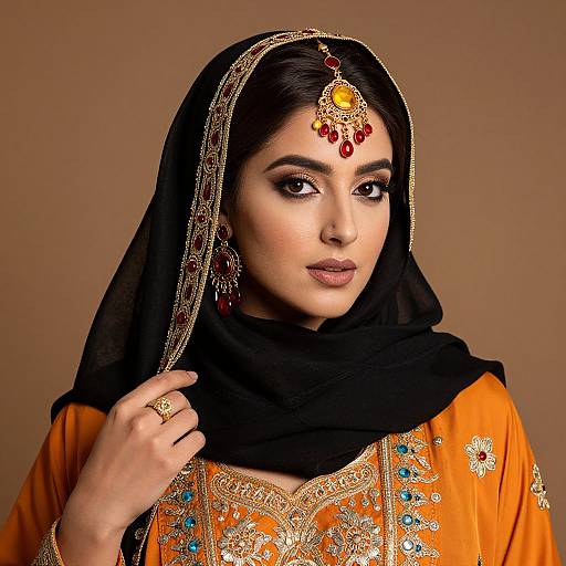 Photograph of a South Asian woman in an orange, intricately embroidered salwar kameez with gold and red jewelry, black veil, and a
