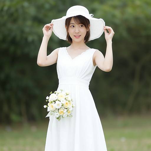 Asian woman in white sleeveless wedding dress and wide-brimmed hat, holding yellow and white bouquet, smiling outdoors with green blurred background.