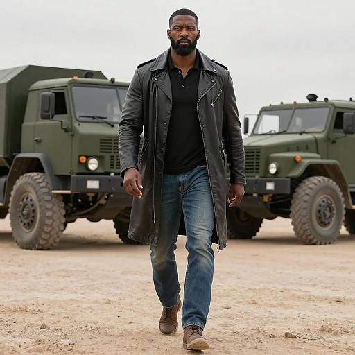 Photograph of a muscular Black man with a beard, wearing a black leather coat, black shirt, blue jeans, and brown boots, walking confidently between
