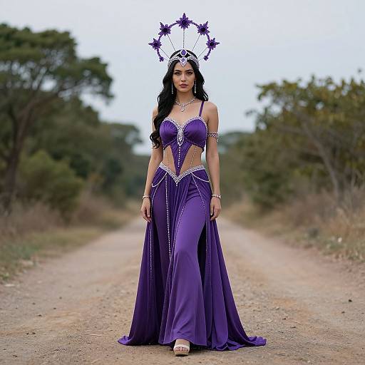 Photograph of a woman with long black hair, wearing a purple, strapless, mermaid-style gown with silver accents, and a floral headpiece