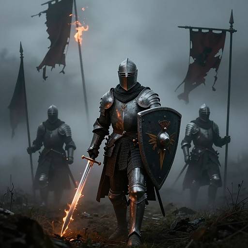 Mysterious Knights in Foggy Battlefield