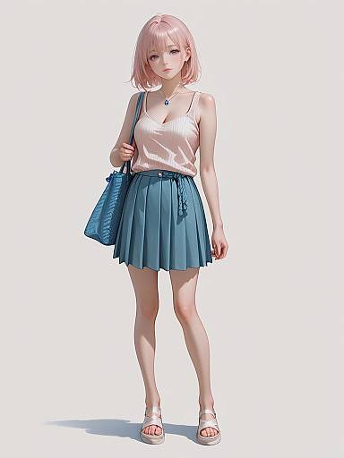Digital anime-style drawing of a pink-haired girl in a white tank top, blue pleated skirt, blue bag, and sandals. White background.