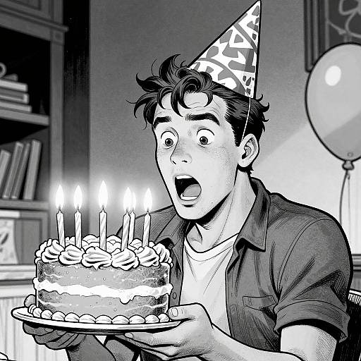Black-and-white manga-style drawing of a surprised young man in a party hat, holding a candlelit birthday cake in a room with a shelf and balloon