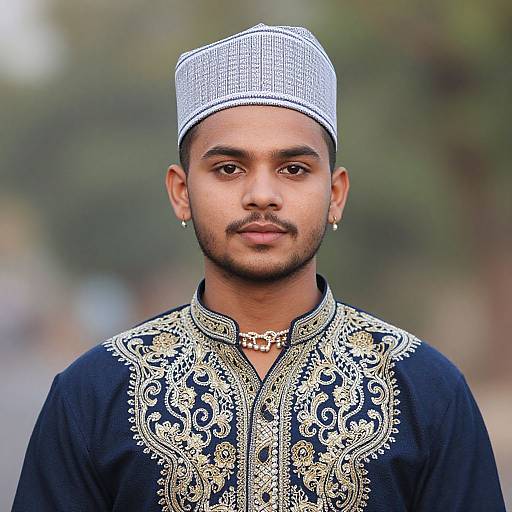 Photograph of a young man with medium brown skin wearing a white and black patterned cap, black embroidered kurta, and small earrings, standing outdoors