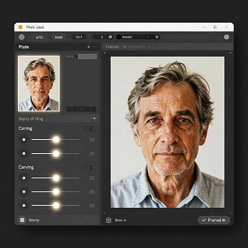 Photograph of an older man with gray hair and wrinkles, displayed in a photo editing software interface with brightness and contrast sliders.
