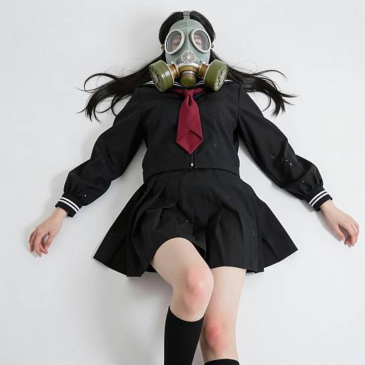 Person in Schoolgirl Outfit Wearing Gas Mask Lying Down