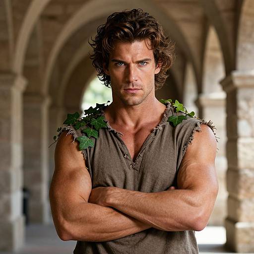 Photograph of a muscular, brown-haired man with blue eyes, wearing a tattered, sleeveless brown shirt adorned with green leaves, standing with arms