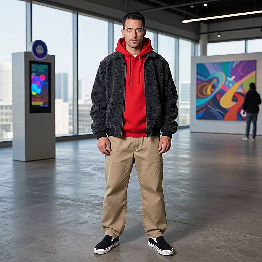 Photograph of a man with short dark hair, light skin, in a black fuzzy jacket, red hoodie, beige pants, and black sneakers, standing