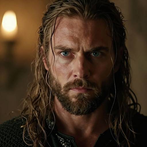 Photograph of a rugged, bearded man with wet, long brown hair and intense blue eyes, illuminated by a warm, blurred light in the background