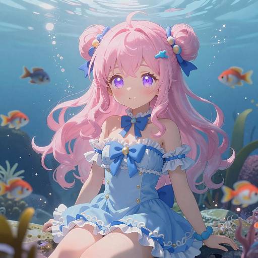 Magical Underwater Scene with Pink-Haired Girl