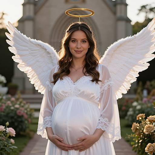 Photograph of a pregnant woman with white angel wings, halo, and dress, standing in a garden with roses, smiling softly.
